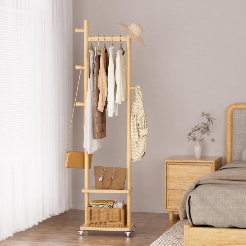 Taitiy Solid Wood Coat Rack Freestanding Clothing Rack with Wheels & 2 Shelves Storage & 5 Hooks Heavy Duty Clothes Rack Wood Coat Tree Stand Hat Hanger Rack for Corner Bedroom Entryway Living Room Hotel - Image 1