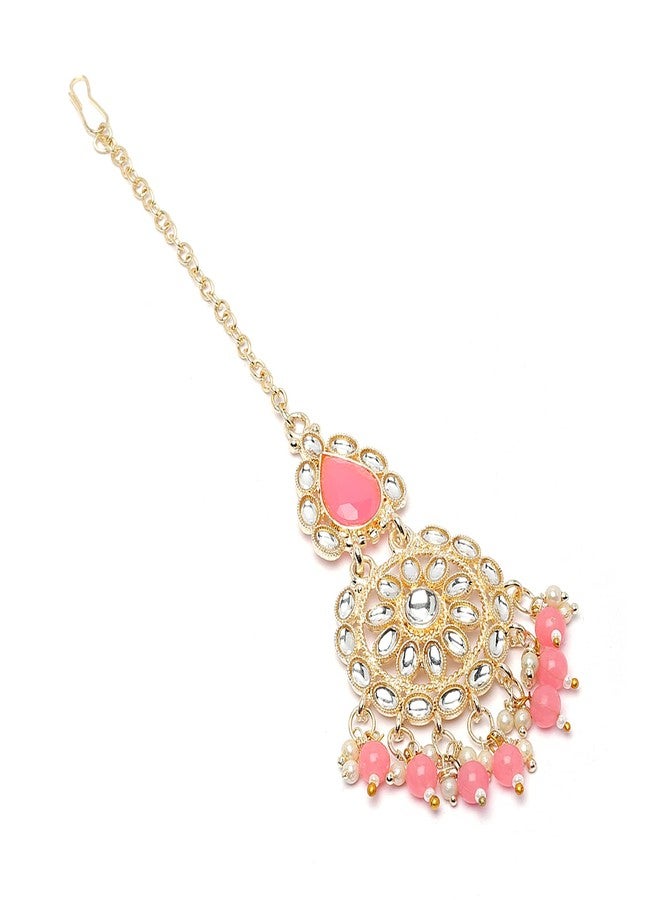 KENNICE Gold-Plated Pink & White Kundan studded Teardrop Shaped Maang Tikka - Image 3