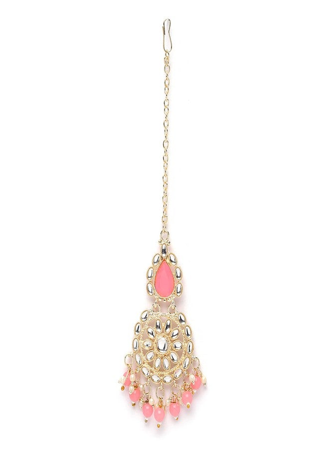 KENNICE Gold-Plated Pink & White Kundan studded Teardrop Shaped Maang Tikka - Image 1