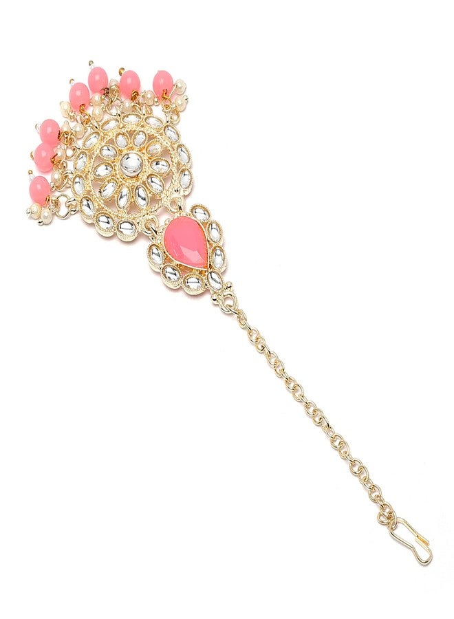 KENNICE Gold-Plated Pink & White Kundan studded Teardrop Shaped Maang Tikka - Image 4