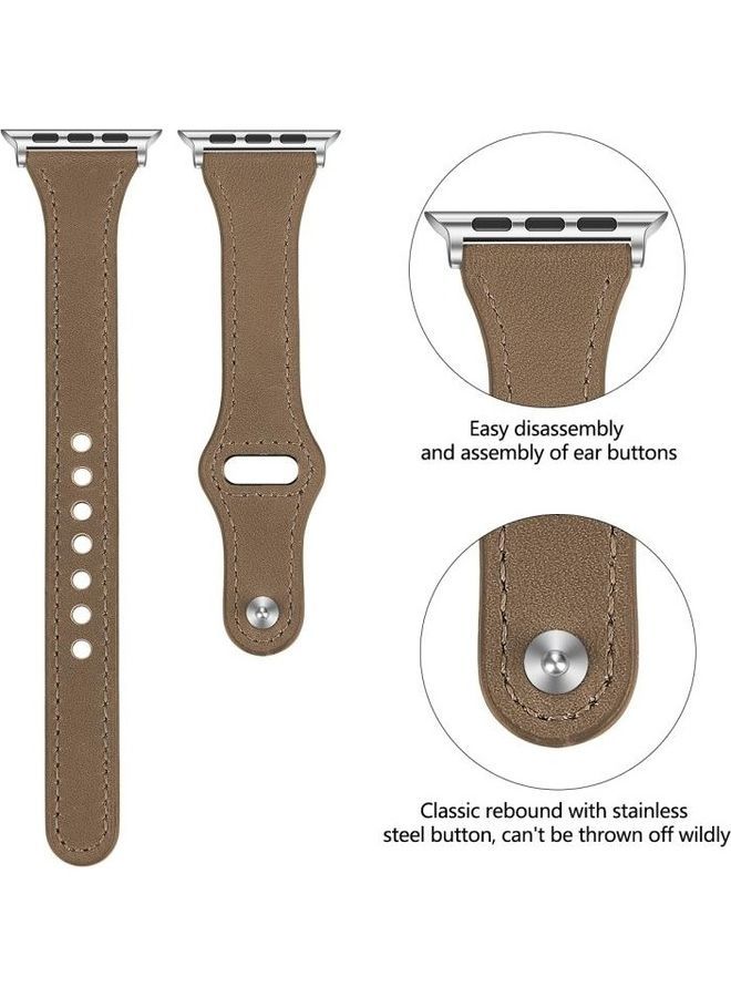 NIBEMINENT Leather Replacement Strap Watchband with Steel Button For Apple Watch Series 7/6/SE/5/4/3/2/1 38/40/41mm Light Brown - Image 3