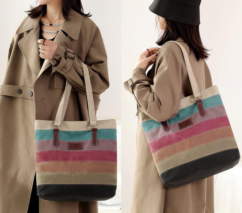 SNUG STAR Canvas Handbag Multi-Color Striped Lattice Cross Body Shoulder Purse Bag Tote-Handbag for Women | Striped, Lattice, Shoulder, Purse, Bag, Striped, Lattice, Shoulder, Purse, Bag - Image 5
