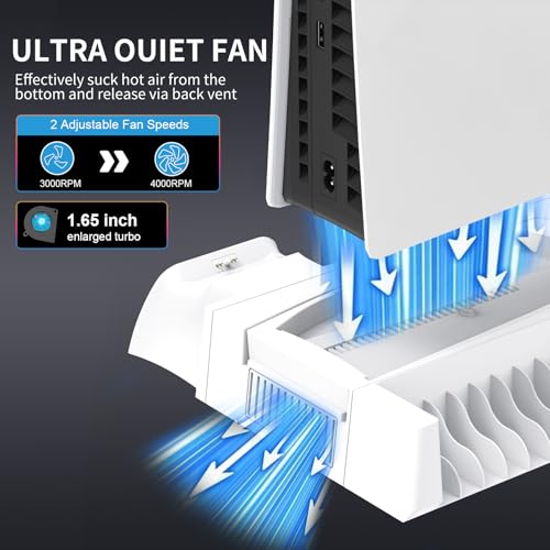 fivtek PS5 PS5 Slim Cooling Station with Controller Charging Station Cooling Stand for PlayStation 5 Console PS 5 Dock Accessories Organizer with Storage Slot PS 5 Cooler Fan Headset Holder 4 USB Hub - Image 3