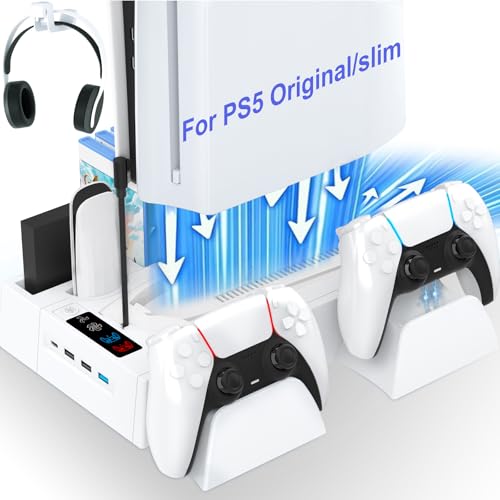 fivtek PS5 PS5 Slim Cooling Station with Controller Charging Station Cooling Stand for PlayStation 5 Console PS 5 Dock Accessories Organizer with Storage Slot PS 5 Cooler Fan Headset Holder 4 USB Hub - Image 1