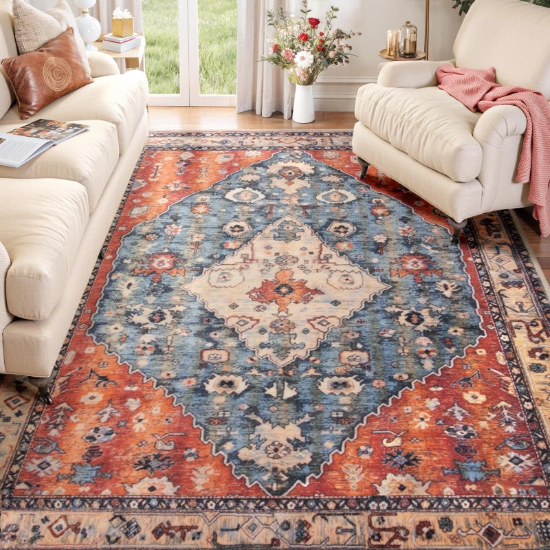 SERISSA 5x7 Boho Tribal Area Rug, Washable Large Rugs for Living Room, Ultra Soft Non-Slip Bedroom Rug Print Distressed Vintage Farmhouse Carpet Rug for Dining Room Dorm Office Home Decor - Image 1