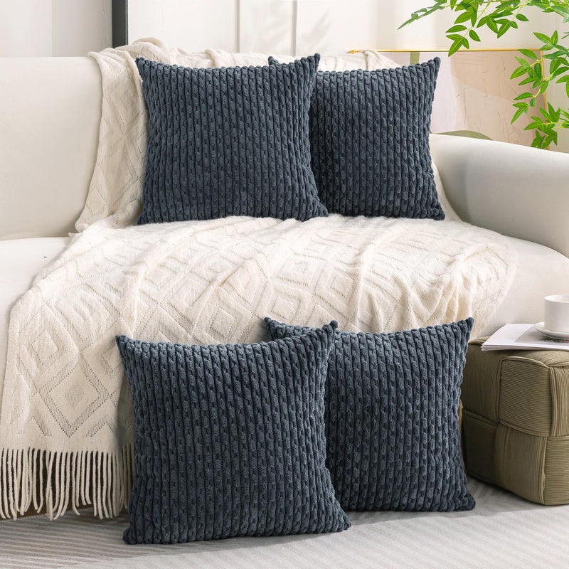 Cozoomy Set of 4 Grey Blue Decorative Throw Pillow Covers 18x18 Inch Corduroy Pillow Covers for Bed Couch Sofa Living Room Soft Square Cushion Cases - Image 2
