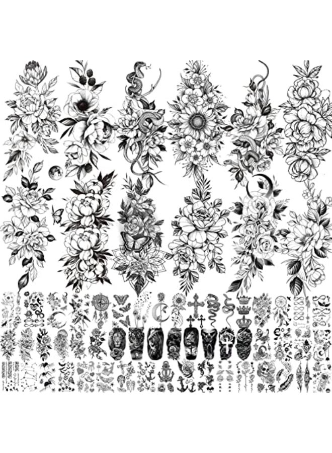 VANTATY 61 Sheets 3D Snake Flower Temporary Tattoos For Women Girls Neck Arm 12 Sheets Realistic Floral Fake Tattoo Stickers Thigh Waterproof Temp Transfer Tatoo Adults Rose Sunflower Butterfly - Image 1
