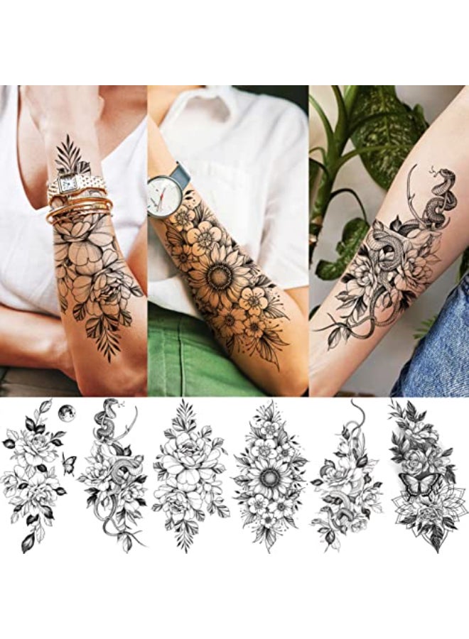 VANTATY 61 Sheets 3D Snake Flower Temporary Tattoos For Women Girls Neck Arm 12 Sheets Realistic Floral Fake Tattoo Stickers Thigh Waterproof Temp Transfer Tatoo Adults Rose Sunflower Butterfly - Image 4