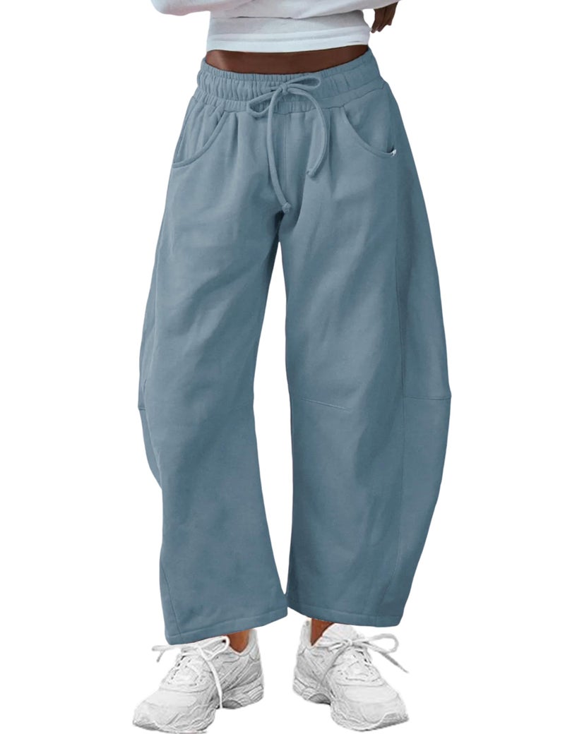 SeekMe Women's Barrel Leg Sweatpant Drawstring Elastic Waisted Wide Leg Pants Casual Cotton Palazzo Trousers with Pockets (0009-DustyBlue-M) - Image 1