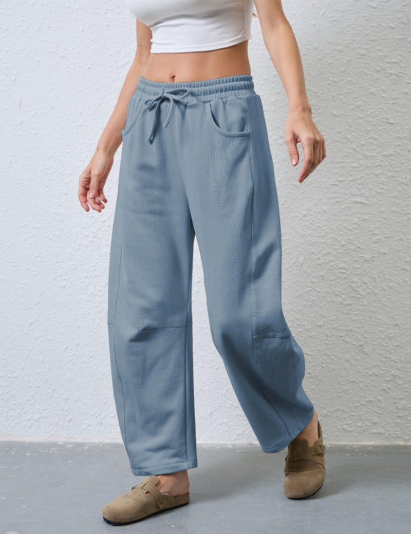 SeekMe Women's Barrel Leg Sweatpant Drawstring Elastic Waisted Wide Leg Pants Casual Cotton Palazzo Trousers with Pockets (0009-DustyBlue-M) - Image 5