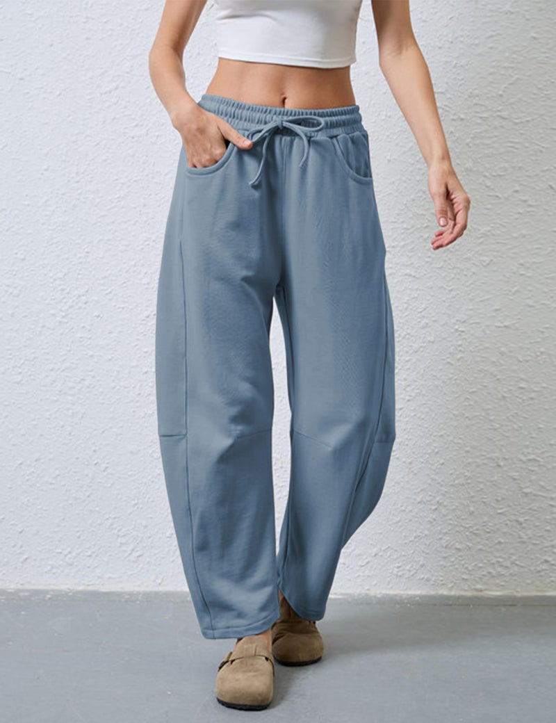 SeekMe Women's Barrel Leg Sweatpant Drawstring Elastic Waisted Wide Leg Pants Casual Cotton Palazzo Trousers with Pockets (0009-DustyBlue-M) - Image 2