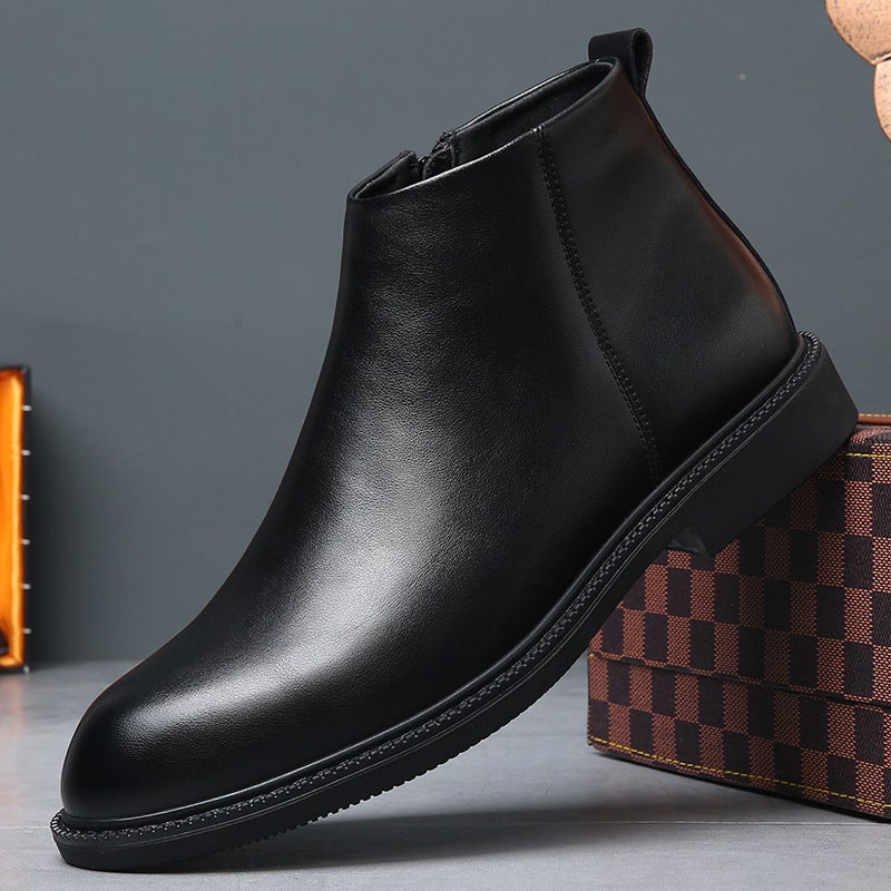 Mid-Top Leather Chelsea Boots Men'S Fleece-Lined Short Boots British Style High-Top Fashionable All-Match Warm Leather Boots - Image 3