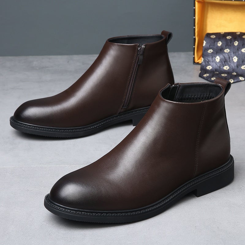 Mid-Top Leather Chelsea Boots Men'S Fleece-Lined Short Boots British Style High-Top Fashionable All-Match Warm Leather Boots - Image 1