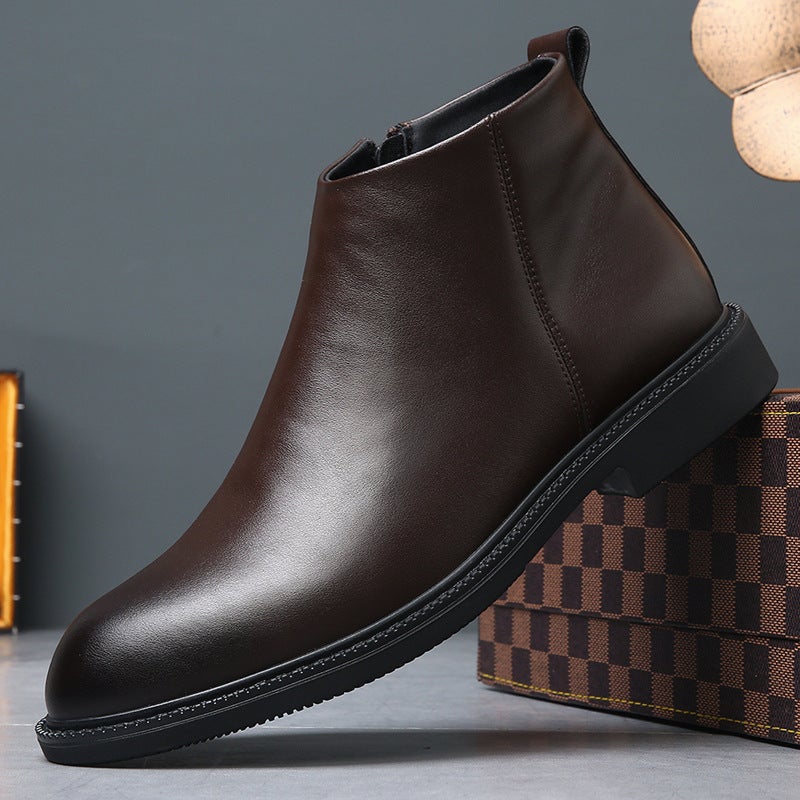 Mid-Top Leather Chelsea Boots Men'S Fleece-Lined Short Boots British Style High-Top Fashionable All-Match Warm Leather Boots - Image 4