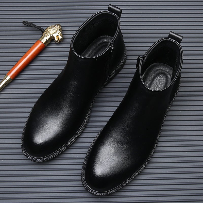 Mid-Top Leather Chelsea Boots Men'S Fleece-Lined Short Boots British Style High-Top Fashionable All-Match Warm Leather Boots - Image 5