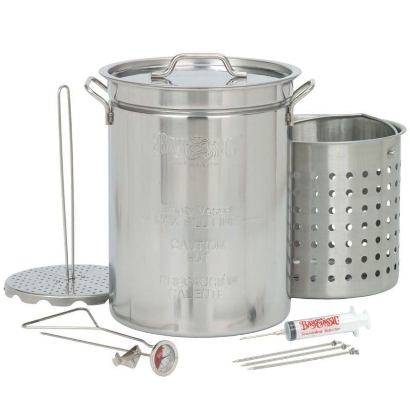 Bayou Classic Bayou Classic 1118 32qt Stainless Turkey Fryer Features Vented Lid Perforated Poultry Rack 12in Stainless Fry Thermometer 2oz Seasoning Injector 