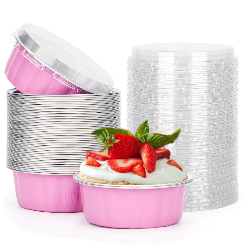أكواب بيزيا القابلة للاستخدام لمرة واحدة سعة 8 أونصات 50 حزمة مع أغطية أكواب ألمنيوم وردية