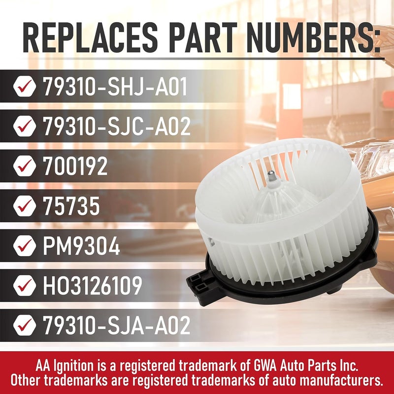 AA Ignition Replacement Front HVAC Blower Motor with Fan - Compatible with Honda and Acura - 2005-2010 Odyssey, 2006-2007 Ridgeline, 2005-2012 RL - Replaces 79310-SHJ-A01, 79310-SJC-A02, 700192, 75735, PM9304 - Image 3