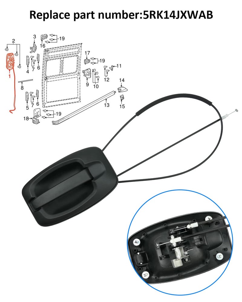 YIGUCS Sliding Door Handle with Cable Fits for Promaster 1500 2500 3500 for 2014-2018 Right Passenger Side Replaces 5RK14JXWAB Black - Image 5