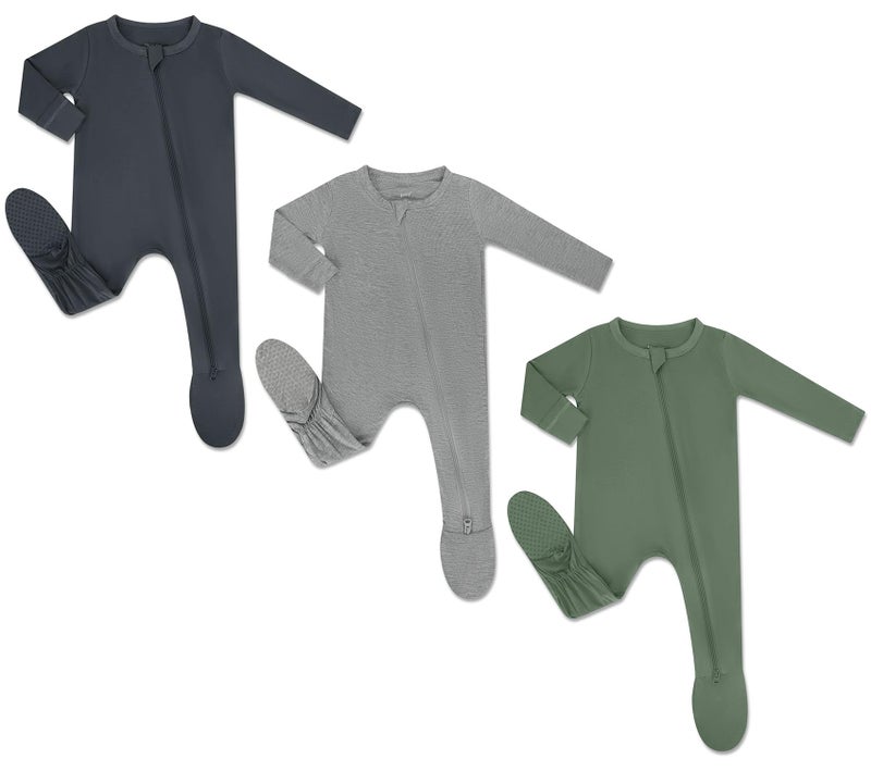 HAPIU Rayon from Bamboo Baby Footed Pajamas, 2 Way Premium Zipper, Footie for Baby Boy Girls, Newborn-24 Months, 3-Pack, Light Heather Grey&Dark Grey&Dark Forest Green, 0-3 Months - Image 1