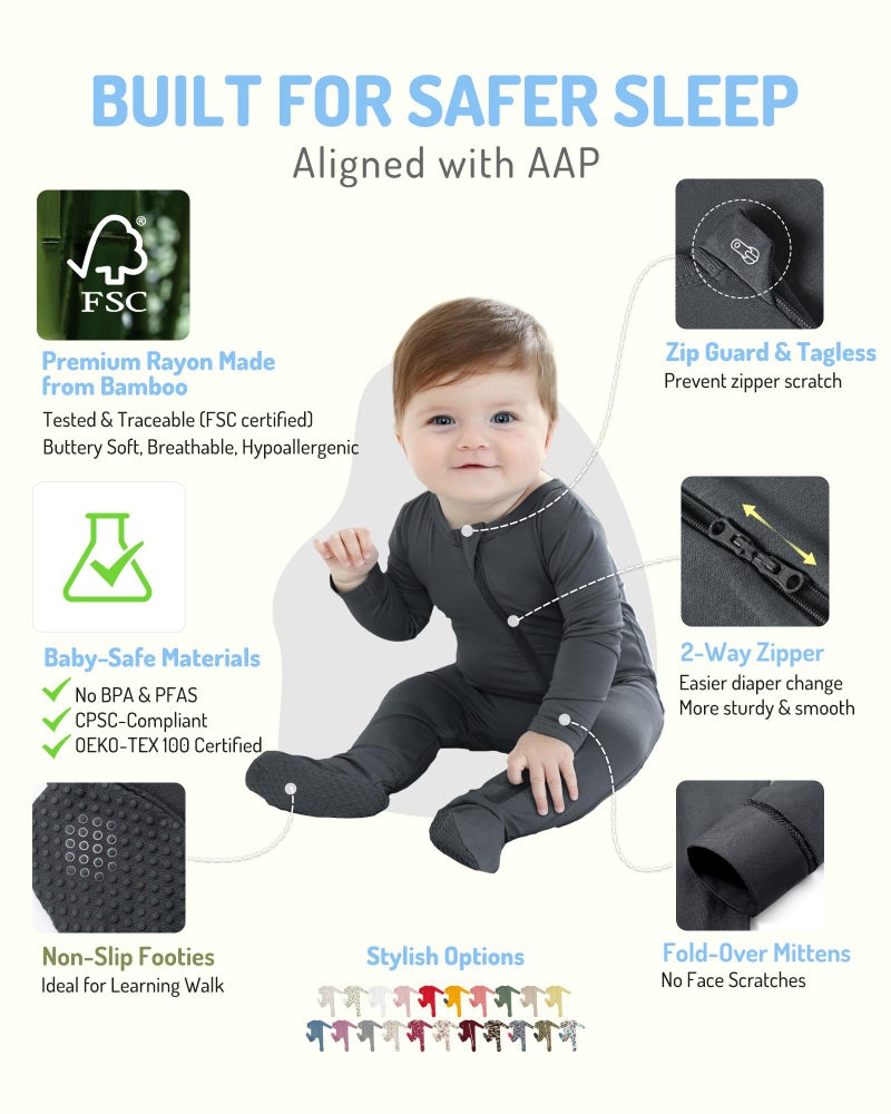HAPIU Rayon from Bamboo Baby Footed Pajamas, 2 Way Premium Zipper, Footie for Baby Boy Girls, Newborn-24 Months, 3-Pack, Light Heather Grey&Dark Grey&Dark Forest Green, 0-3 Months - Image 2