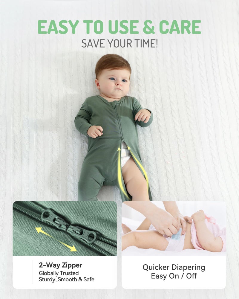 HAPIU Rayon from Bamboo Baby Footed Pajamas, 2 Way Premium Zipper, Footie for Baby Boy Girls, Newborn-24 Months, 3-Pack, Light Heather Grey&Dark Grey&Dark Forest Green, 0-3 Months - Image 4
