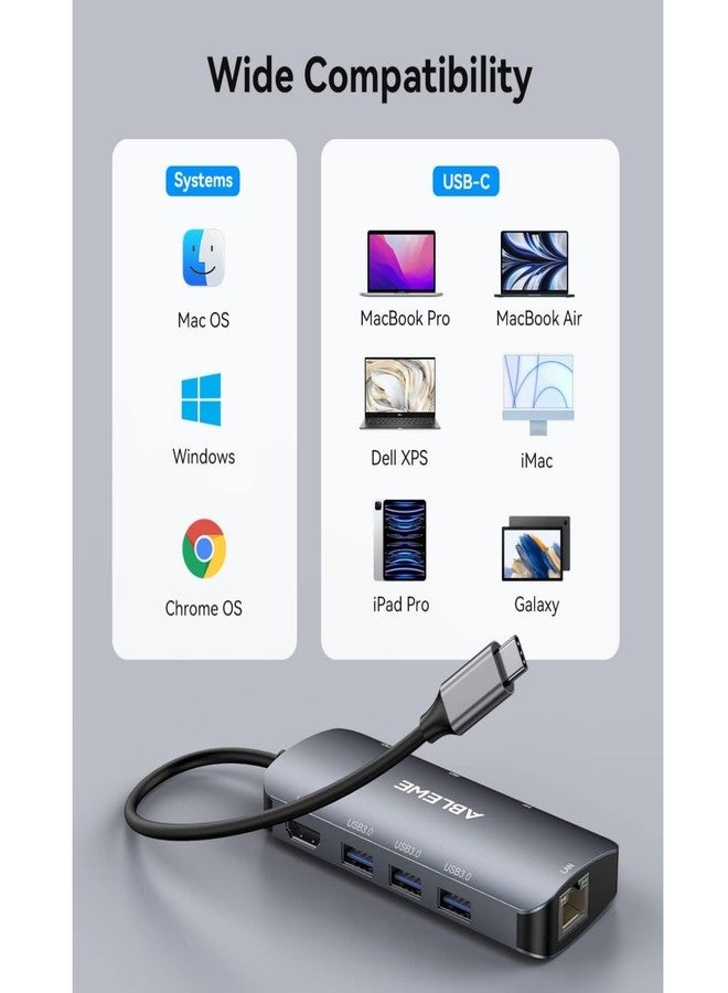 ABLEWE USB C Hub Ethernet, Multiport USB C to HDMI Hub, 8 in 1 4K@60Hz USBC Adapter,1000Mbps, 100W PD, 3 USB 3.0 Ports, Docking Station Compatible for MacBook, Tablet, Phone, Type C Devices - Image 2