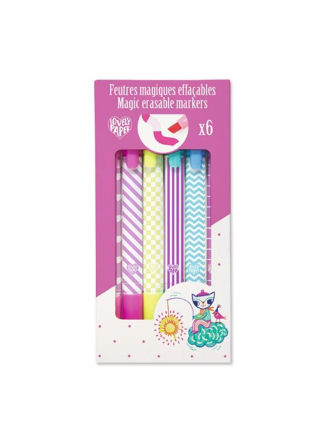Djeco Magic Erasable Markers, 6 Double-Nib Felt Tips with Coloured Drawing Tip and Eraser, Easy-Grip Graphic Design Markers for Writing, Drawing, Creative Fun, and Mistake-Free Art for Kids - Image 1