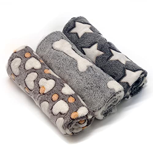 1 Pack 3 Puppy Blankets Super Soft Warm Sleep Mat Grey Cute Print Fluffy Fleece Pet Flannel Throw Dog Blankets for Small Dogs CatsStarBoneLoveMedium29x20