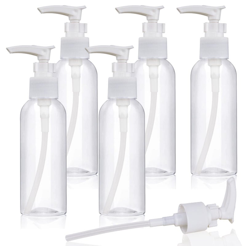 5 Pack Travel Bottles Pump Bottles Dispenser 34oz100ml Plastic Lotion Pump Bottle Clear Travel Toiletry Bottles with Extra 1 Pump Leak Proof for Makeup Cosmetic Containers White