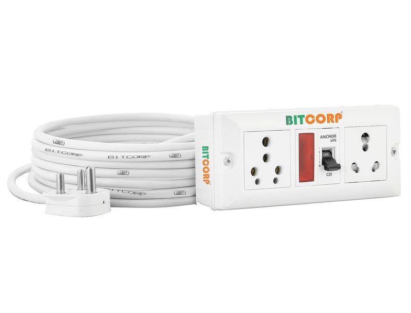BITCORP لوحة تمديد الطاقة BITCORP 16A الثقيلة مع 2 مقبس و 1 قاطع دائرة، 3500 واط واقي من الحمل الزائد، سلك كهربائي بطول 1 متر 2.5 مم لمكيف الهواء، الثلاجة، شاحن السيارة الكهربائية، الغسالة، سخان الماء - Image 1