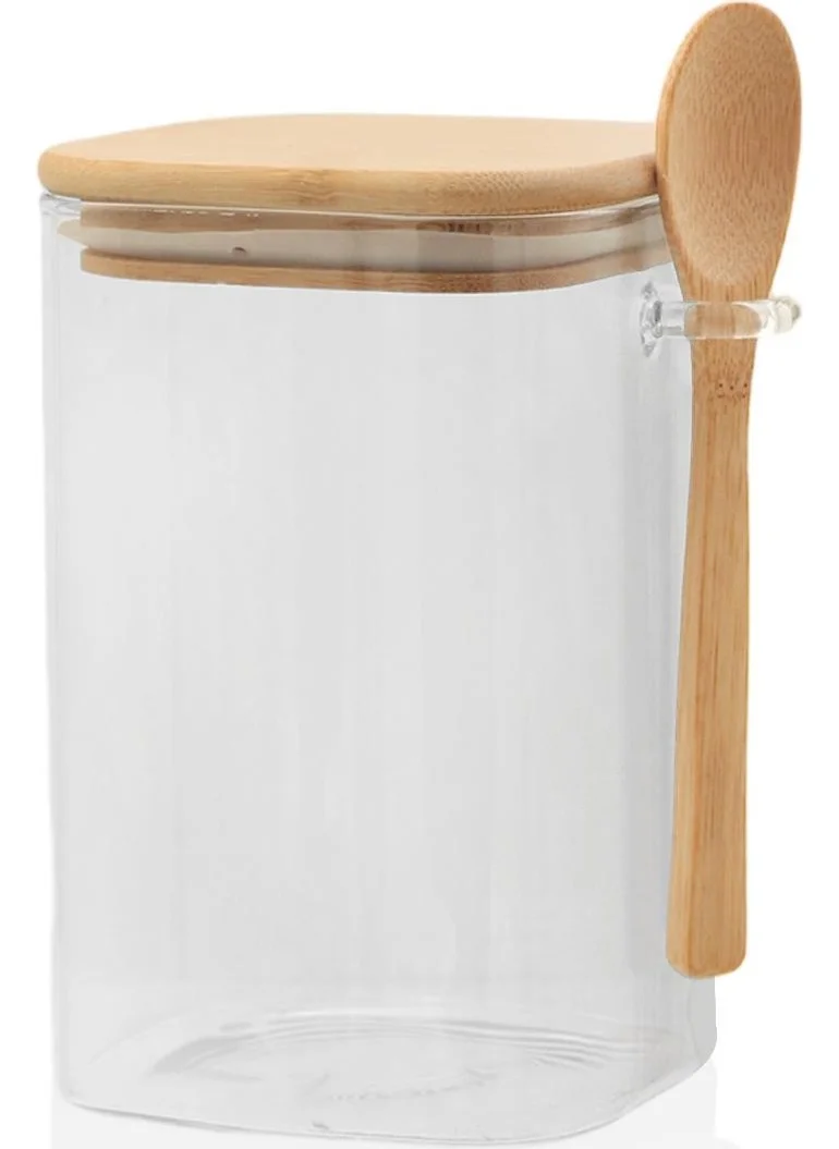 The Mia Bamboo Glass Storage Container with Spoon Square 1050 cc