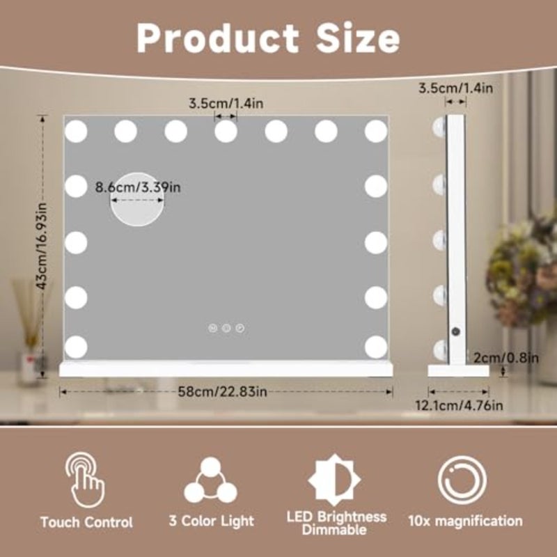Edmonds Hollywood LED Smart Makeup Mirror 50 x 42 cm - Touch Control, 14 Adjustable Lights, Fixed Base and Adjustable Stand - Luxury Gift for Women and Bride - Image 3