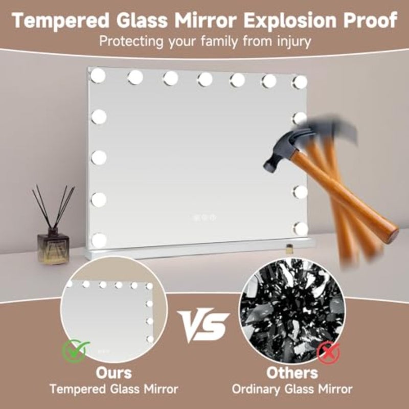 Edmonds Hollywood LED Smart Makeup Mirror 50 x 42 cm - Touch Control, 14 Adjustable Lights, Fixed Base and Adjustable Stand - Luxury Gift for Women and Bride - Image 4