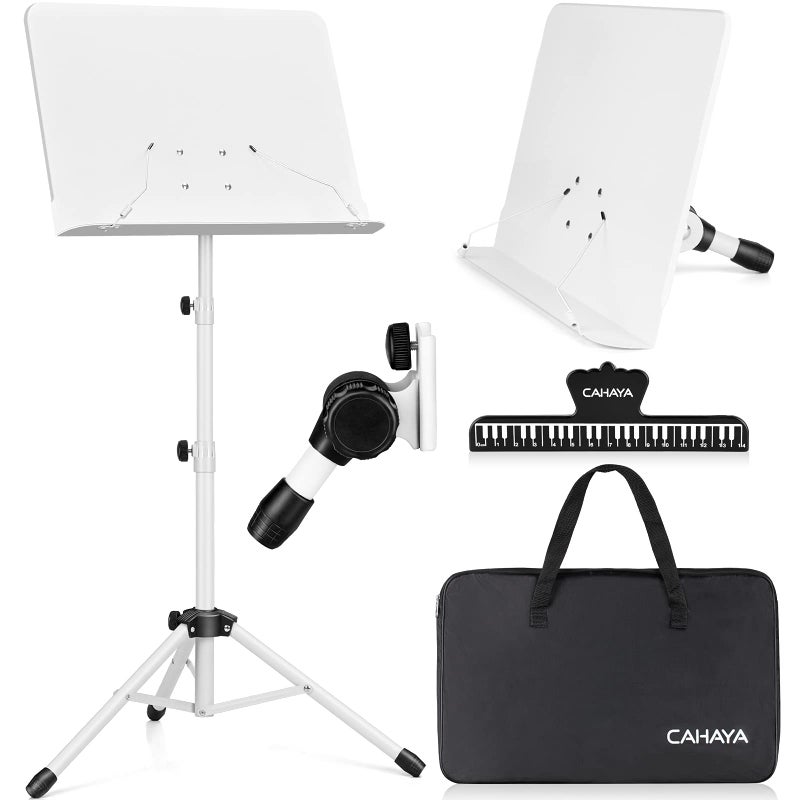 CAHAYA Sheet Music Stand Tabletop Music Stand Solid Back with Carrying Bag for Books Notes Laptop Tablet White CY0194