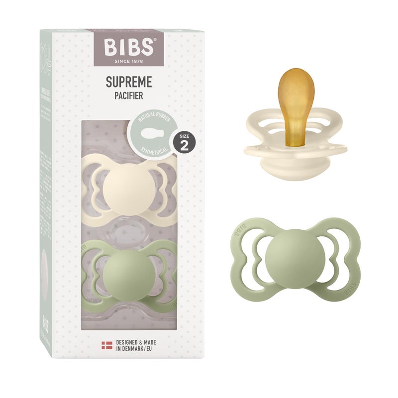 BIBS Pacifiers - Supreme Collection | BPA-Free Symmetrical Nipple | Natural Rubber Latex | Made in Denmark | Set of 2 Ivory/Sage Color Premium Soothers | Size 6-18 Months - Image 1