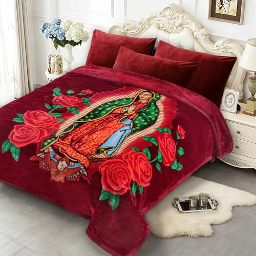 JYK Korean Mink Fleece Bed Blanket Queen Size 75" x 87", 5 Pounds - 2 Ply Reversible Silky Soft Plush Warm, Comfy Blanket for Autumn, Winter -Rose/Virgin Mary - Image 1