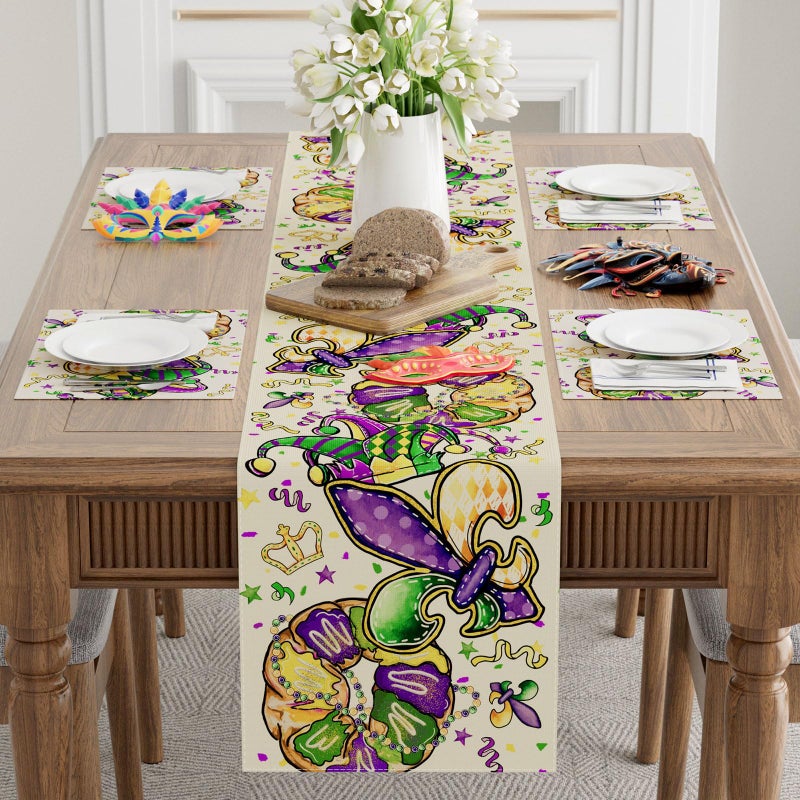 XCHI Doughnuts Iris Fleur De Lis Hat Mardi Gras Table Runner Carnival Table Decoration for Masquerade Party Home Kitchen Dining Holiday Decor 13x72 Inch - Image 2