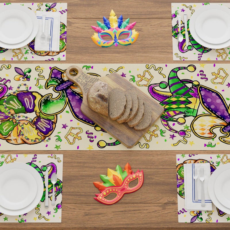 XCHI Doughnuts Iris Fleur De Lis Hat Mardi Gras Table Runner Carnival Table Decoration for Masquerade Party Home Kitchen Dining Holiday Decor 13x72 Inch - Image 4