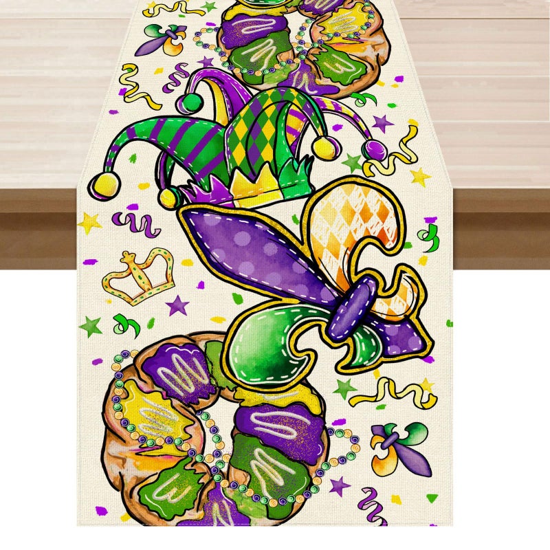 XCHI Doughnuts Iris Fleur De Lis Hat Mardi Gras Table Runner Carnival Table Decoration for Masquerade Party Home Kitchen Dining Holiday Decor 13x72 Inch - Image 1
