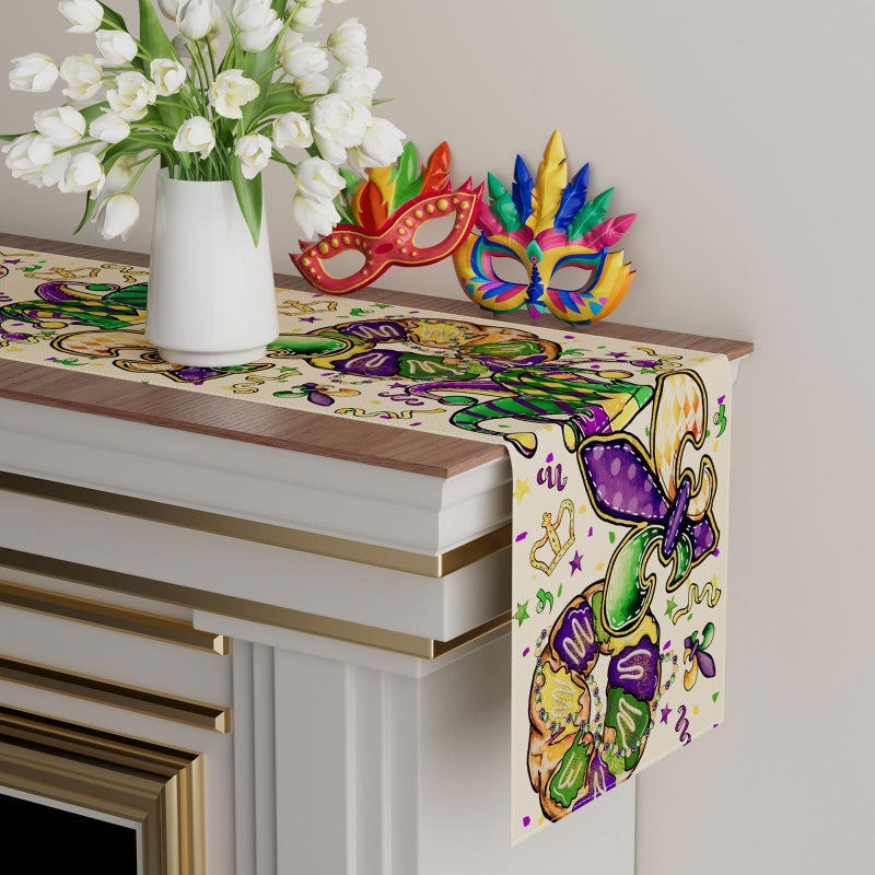 XCHI Doughnuts Iris Fleur De Lis Hat Mardi Gras Table Runner Carnival Table Decoration for Masquerade Party Home Kitchen Dining Holiday Decor 13x72 Inch - Image 3