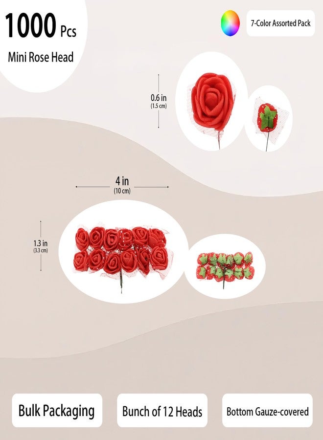 Vignor 1000 Pcs 0.6 Inch Mini Fake Rose Head with Gauze Small Foam Artificial Flowers Bulk for Floral Arrangement Bouquet Wreath Hair Clip Party Decoration DIY Craft (7-Color Assorted Pack) - Image 2