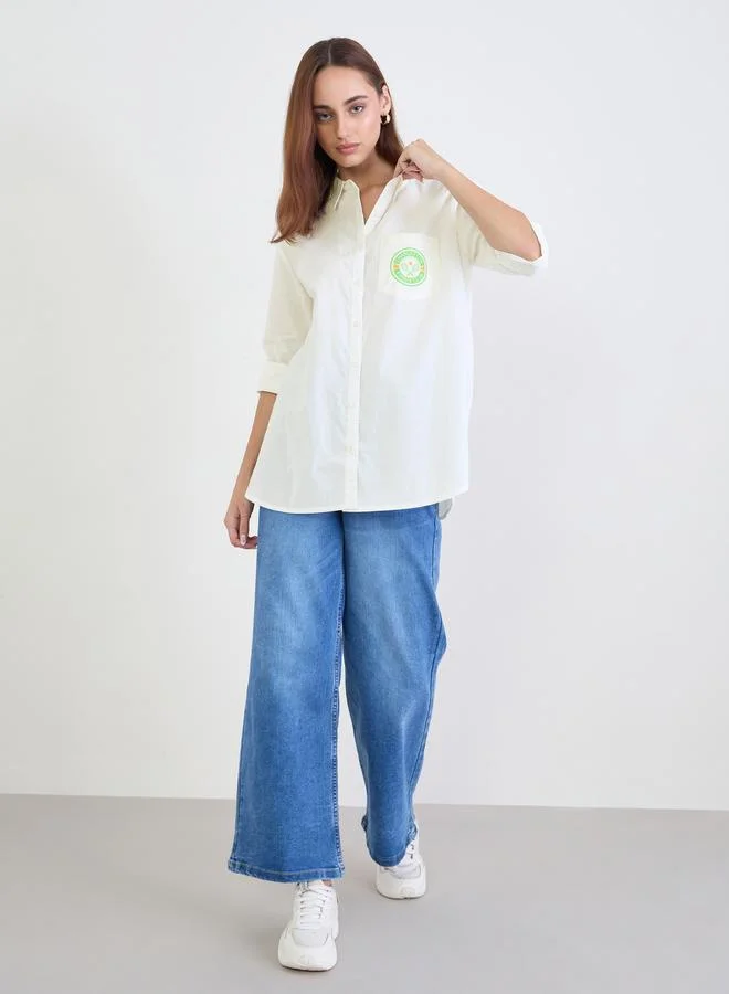 Styli Styli White Longline Shirt with Printed Patch Pocket