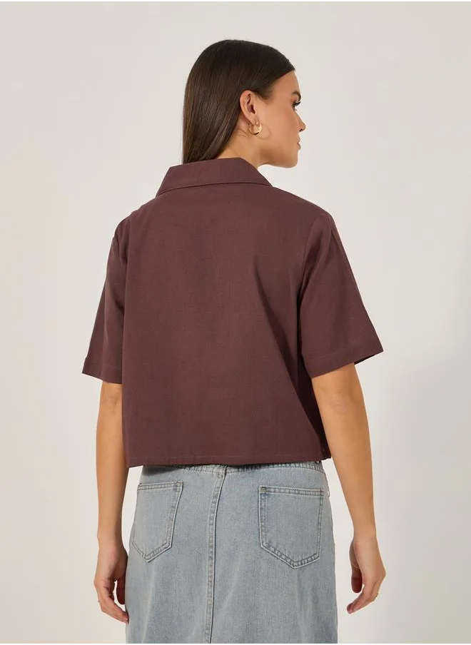 ستايلي Solid Cropped Button-Down Short Sleeve Blouse