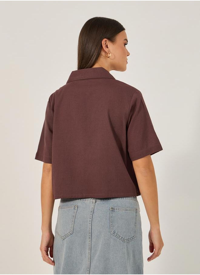 Styli - Solid Cropped Button-Down Short Sleeve Blouse - Image 1