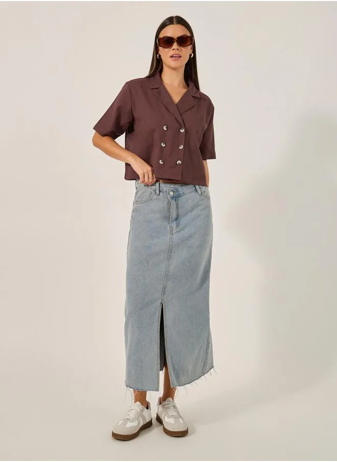 ستايلي Solid Cropped Button-Down Short Sleeve Blouse