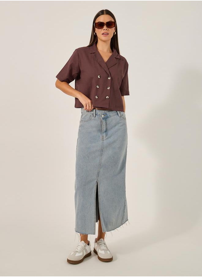 Styli - Solid Cropped Button-Down Short Sleeve Blouse - Image 1