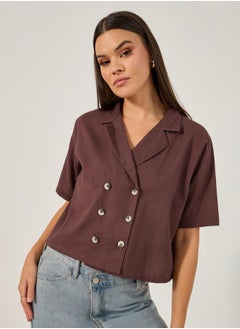 Solid Cropped Button-Down Short Sleeve Blouse