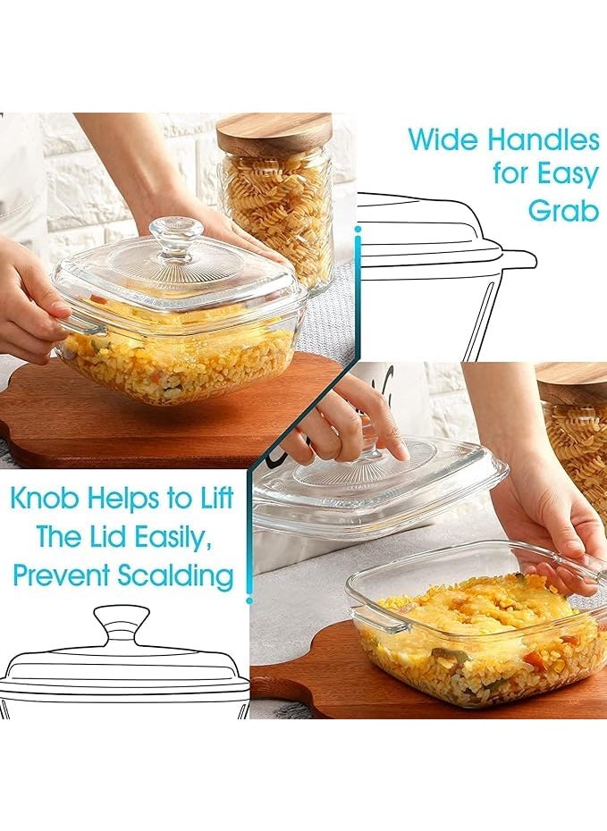 Yaksom Square Glass Casserole Dish Clear Glass Square Casserole Dish with Lid and Handles Covered Bowl for Cooking Baking Serving Microwave Dishwasher and Oven Safe Cookware pake of 1