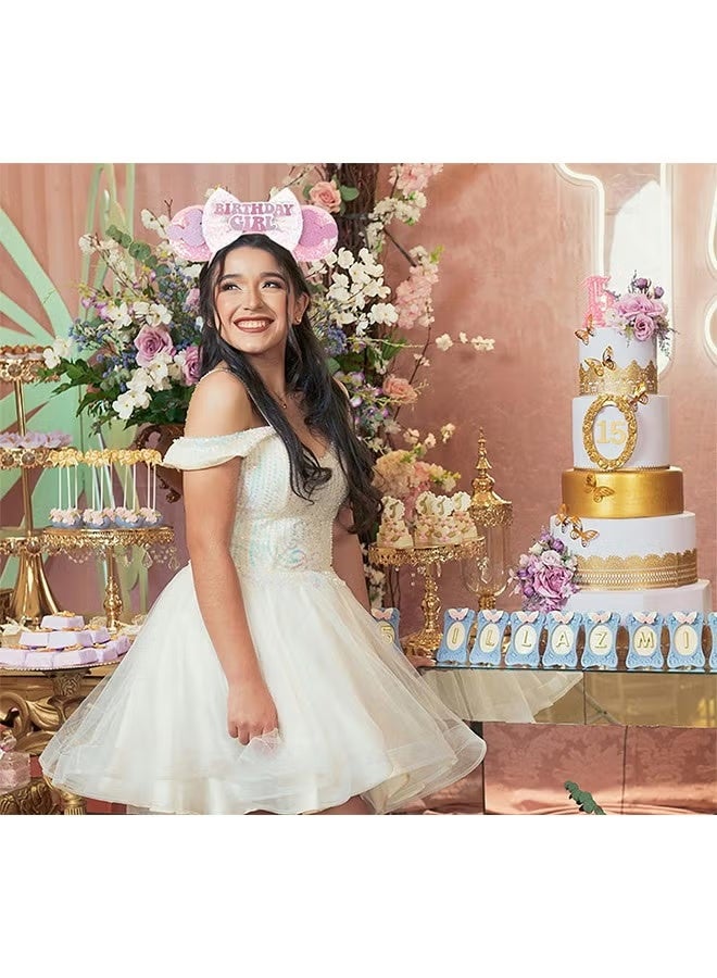 Birthday Minnie Ears Headband, Birthday Party Crown Headband Glitter Crown for Girl, Birthday Party Supplies (Pink) - Image 3